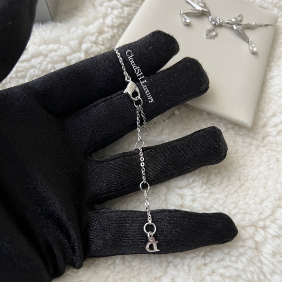 Auth Vintage Dior Logo Bird of flowers Crystal Drop Necklace w/ Silver Hardware - Picture 6 of 7